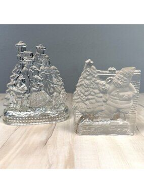 VTG Lot 2 Christmas Glass Votive Tea Light CANDLE HOLDERS Carolers Santa EUC